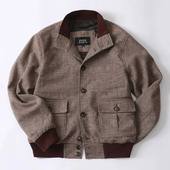 Men's brown tweed short stand-collar single-breasted coat with 70% wool, slim-fit front view