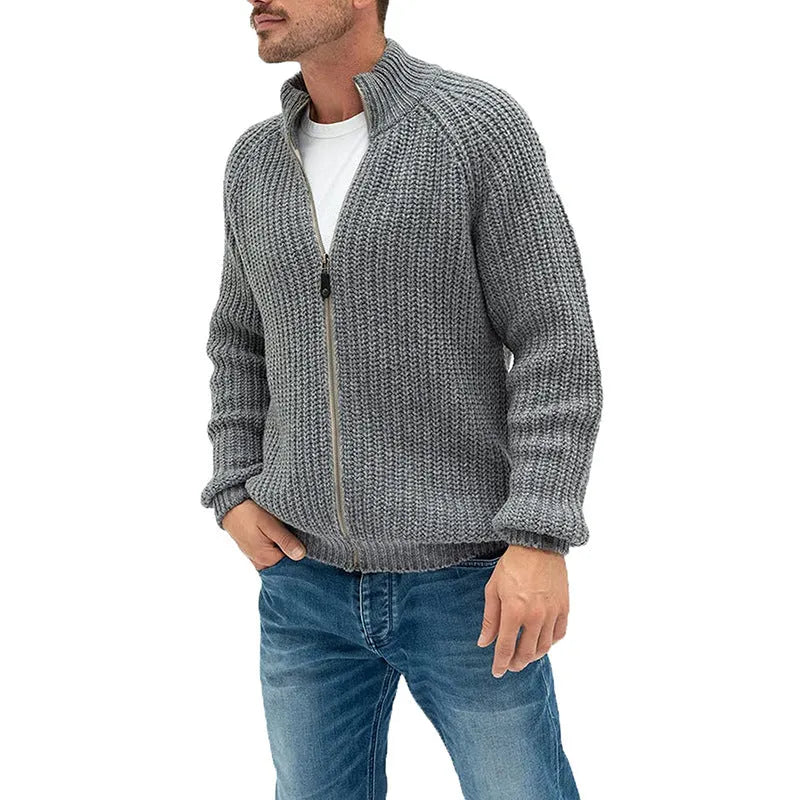Men's solid colour zipper turtleneck cardigan sweater in acrylic with ribbed hem, available in six colours