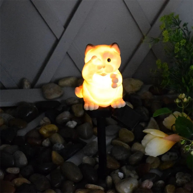 Brown cat-shaped solar lawn light for garden decoration with LED illumination