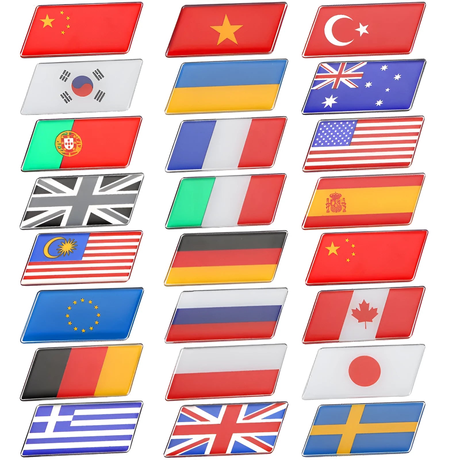Aluminium parallelogram car sticker showing a national flag design, measuring 6.3 by 3 centimetres.
