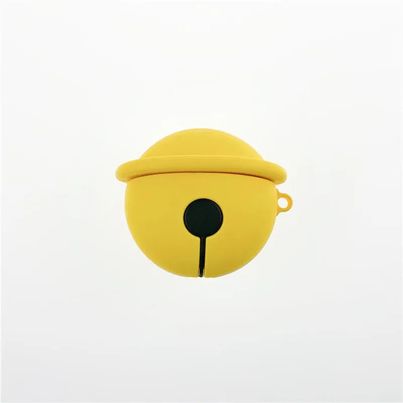 Yellow silicone AirPods case with decorative bell charm for wireless earbuds protection
