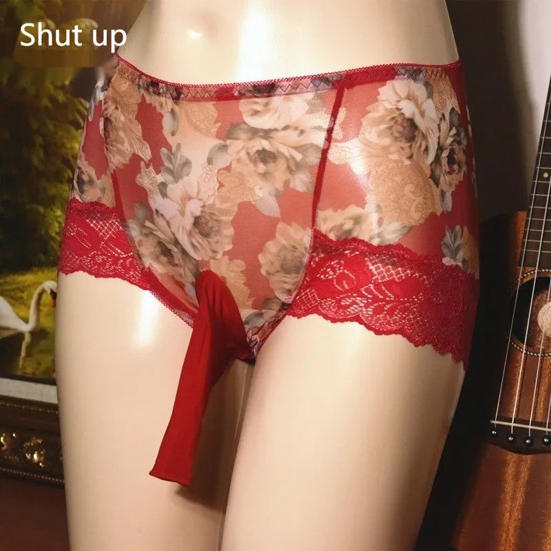 Man's printed ultra-thin ice silk briefs in mid-waist style on a neutral background.