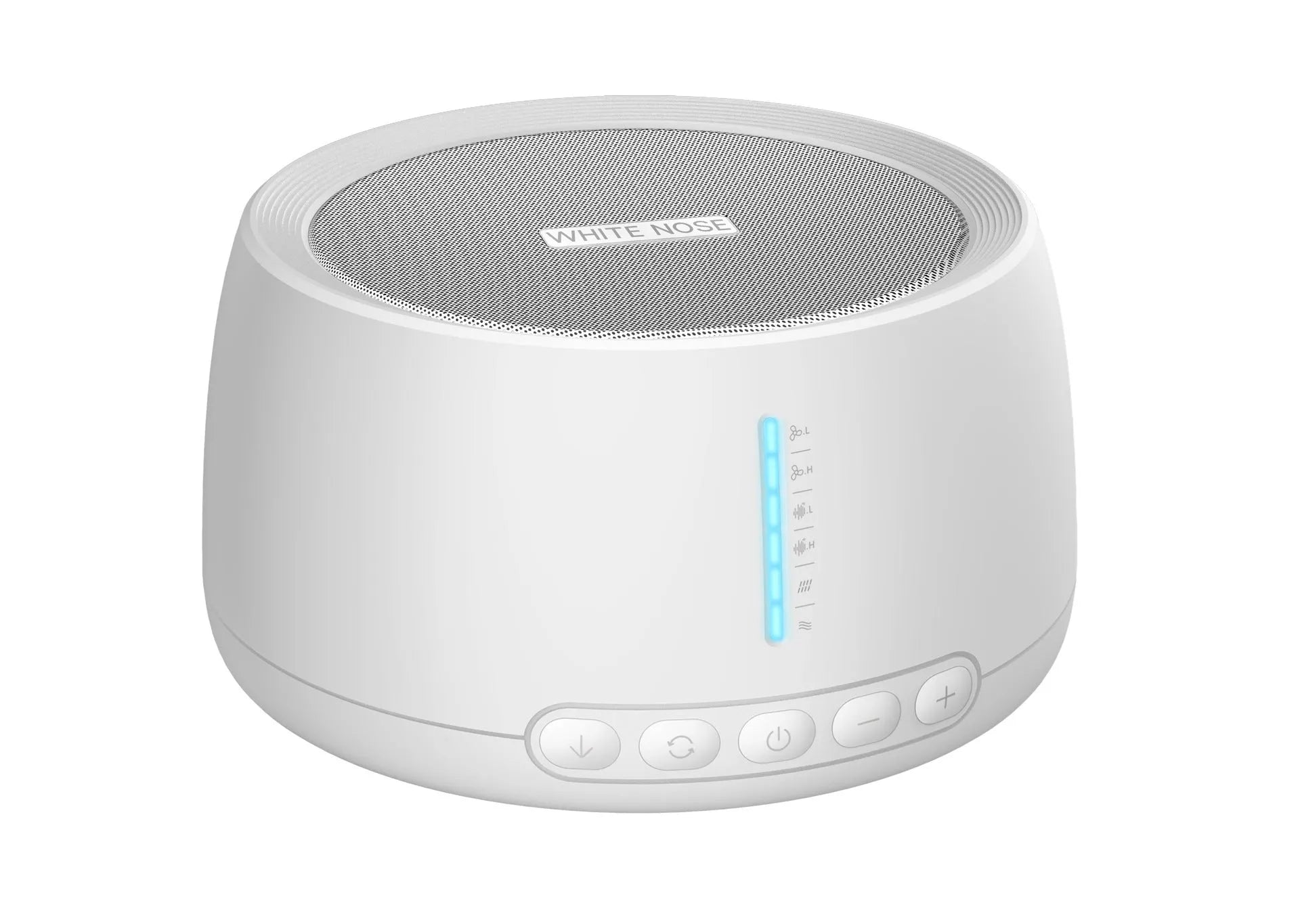 White noise sleep aid machine in white, USB powered, dimensions 110 x 110 x 62mm