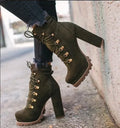 Women's suede high heel ankle boots with thick heel in army green, featuring round toe and Roman-style rivet details.