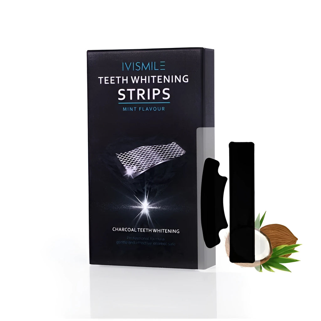 Box of 14 pairs of teeth whitening strips with coconut activated carbon and sodium bicarbonate, in aluminium film bags