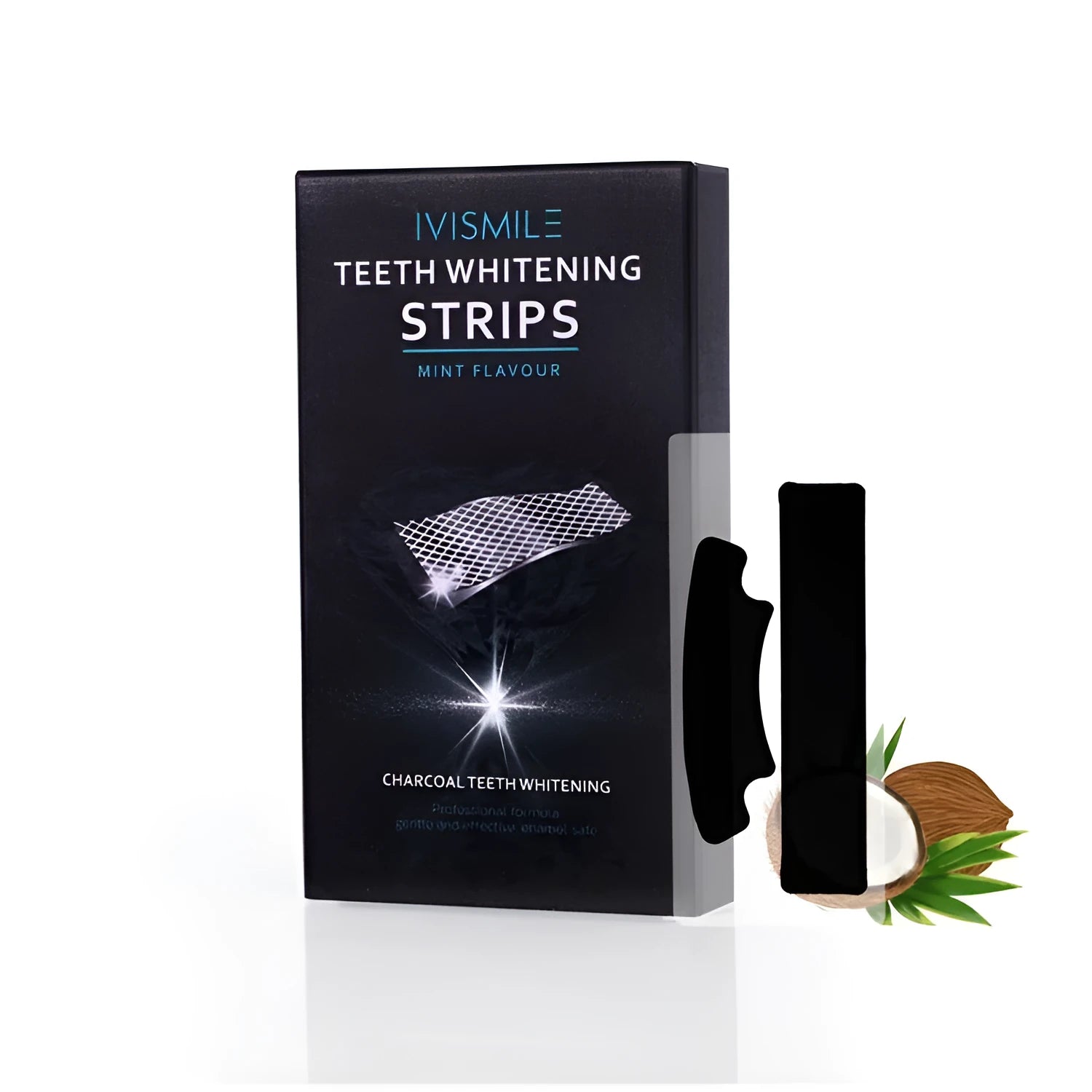 Box of 14 pairs of teeth whitening strips with coconut activated carbon and sodium bicarbonate, in aluminium film bags