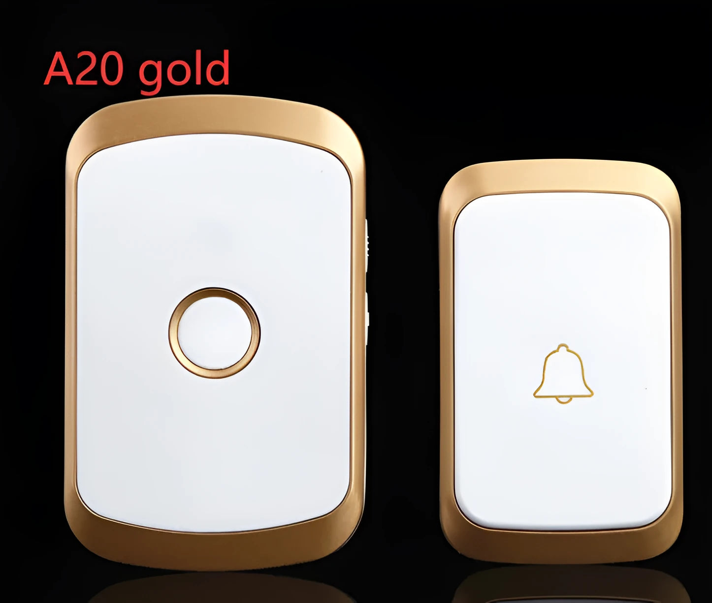 Wireless doorbell system with receiver unit and battery-operated transmitter showing colour options in black, white, gold, and silver finishes