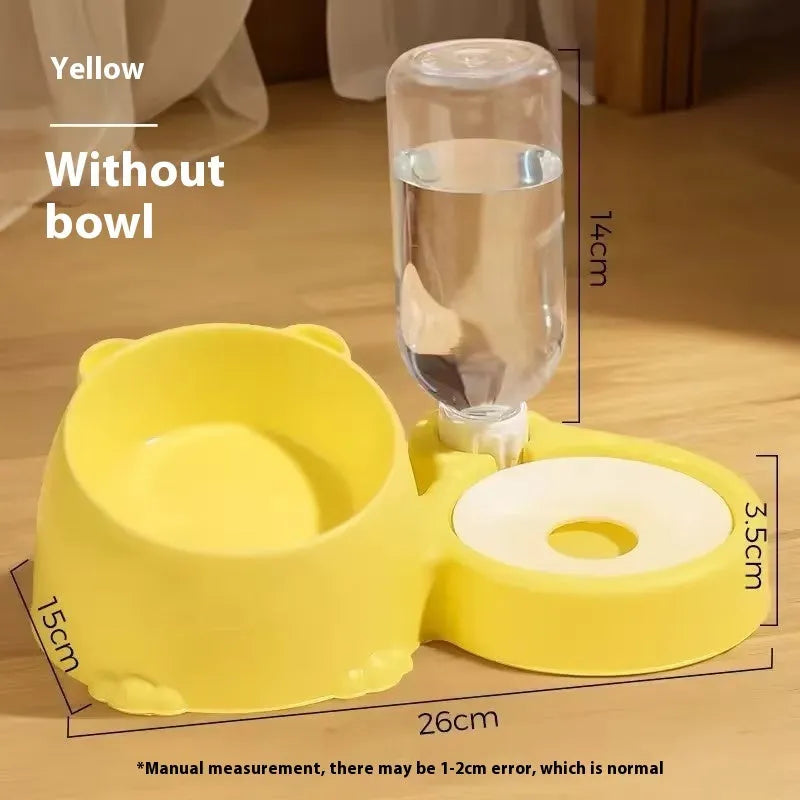 Double bowl plastic pet food and water basin in haze blue, milky yellow, pink, or grass green