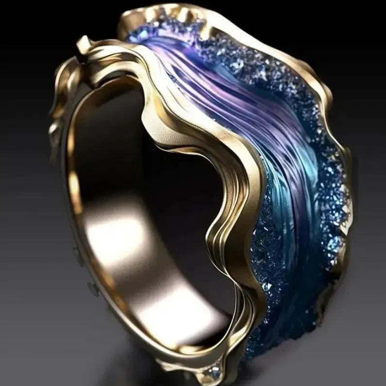 Fashion wave oil drop diamond inlaid alloy ring for women, geometric quadrilateral shape, European American style