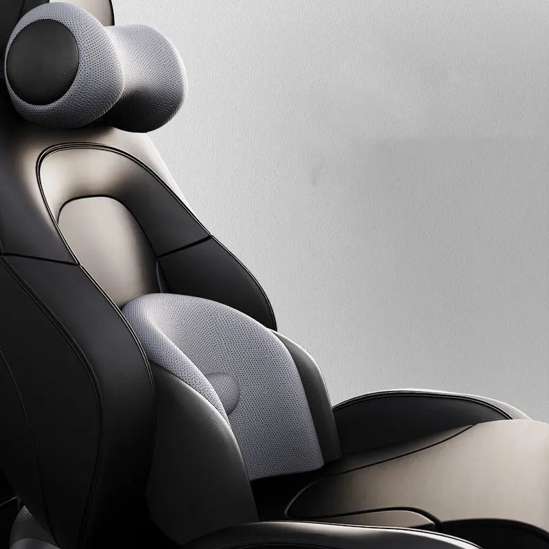 Car seat electric massage waist cushion and headrest in memory cotton, shown in grey