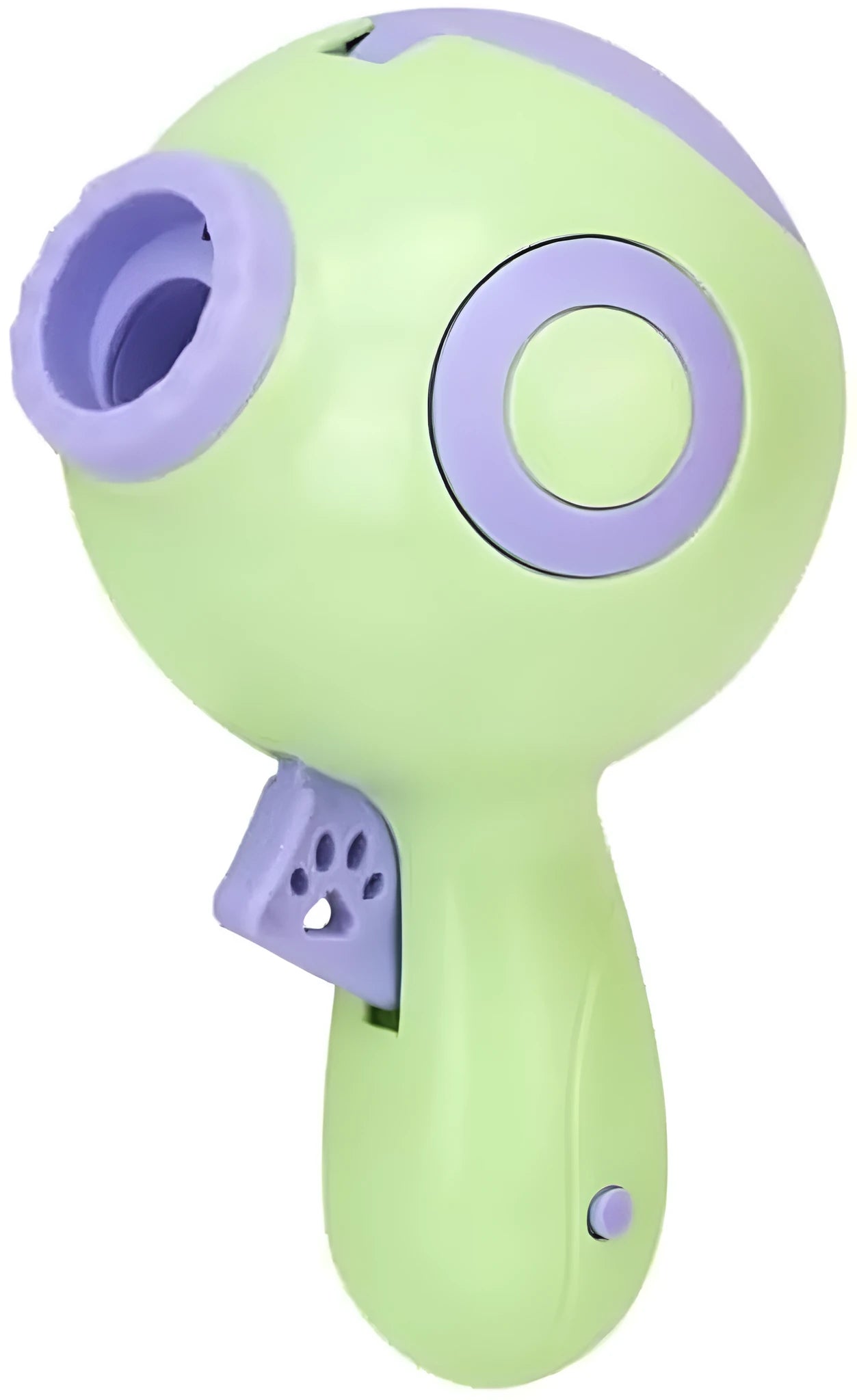 Green, orange or pink dog treat launcher toy measuring 15.5 cm with treat dispensing mechanism