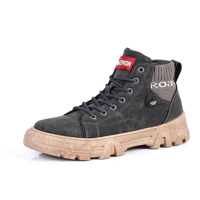 Men's high top Martin boots with frosted leather upper and front tie lacing in black