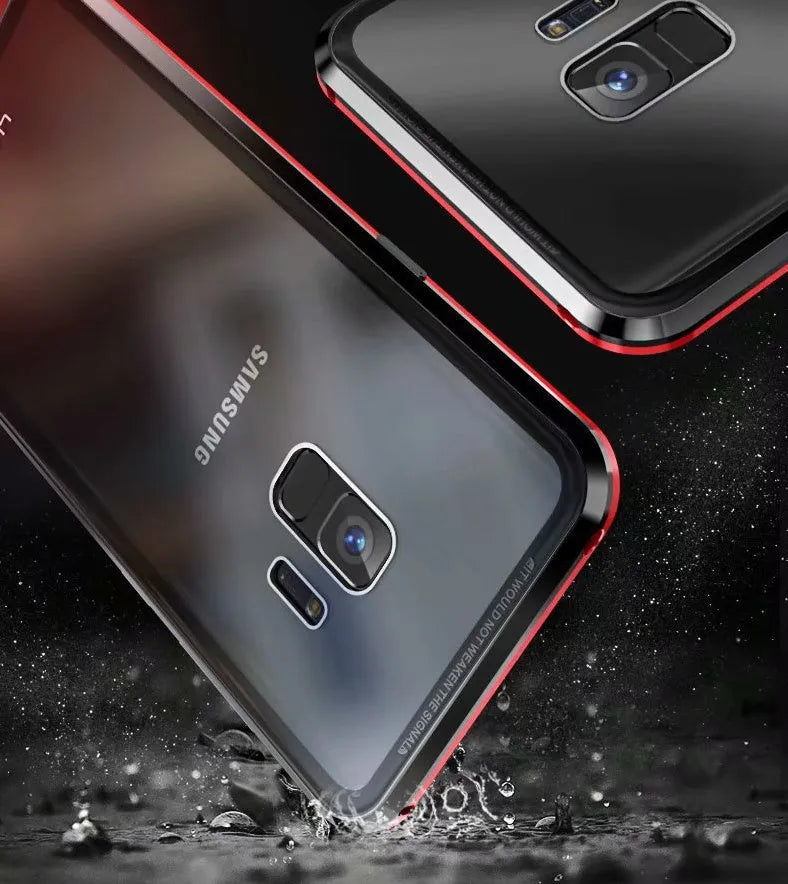 Magnetic anti-peeping phone case for Samsung Galaxy with double-sided glass construction in clamshell design