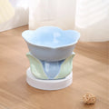 Blue floral patterned elevated ceramic bowl for cat or small dog feeding
