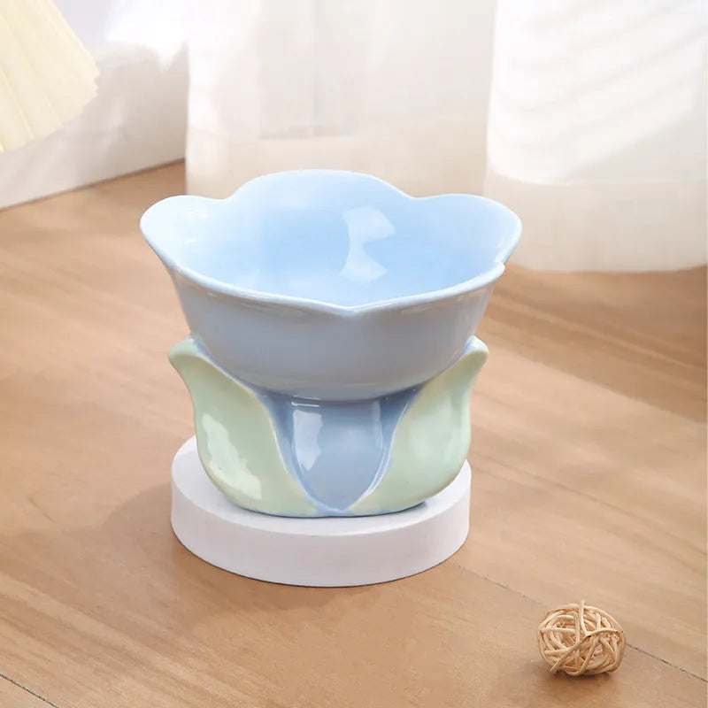Blue floral patterned elevated ceramic bowl for cat or small dog feeding