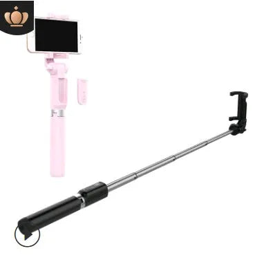 Aluminium alloy Bluetooth selfie stick with remote control and adjustable phone clip in black, pink, or white.