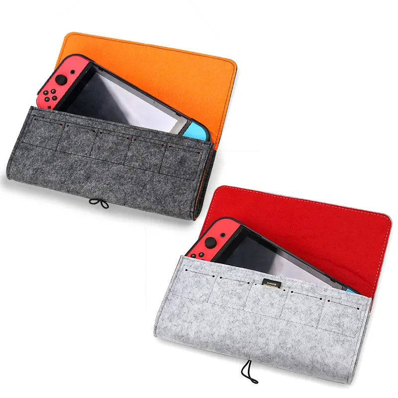 Black felt pouch case for Nintendo Switch showing game card slots and double layer storage compartments