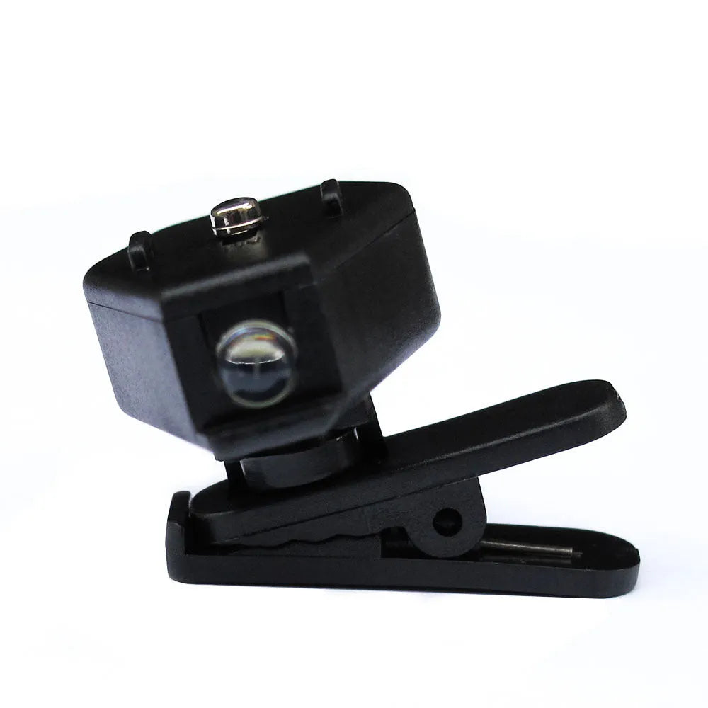 Mini LED flashlight glasses light with black clip and 360-degree rotating head attached to glasses
