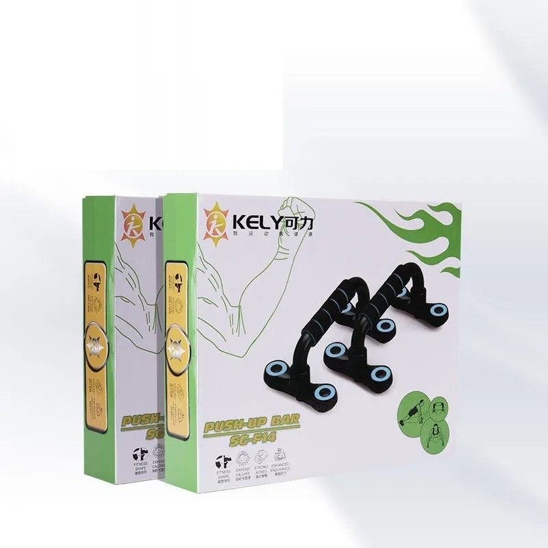 Multifunctional I-shaped detachable push up bars with black fruit green foam grip on a home gym floor