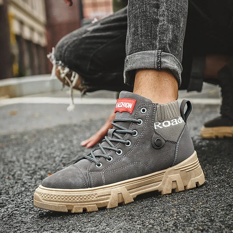 Men's high top Martin boots with frosted leather upper and front tie lacing in black