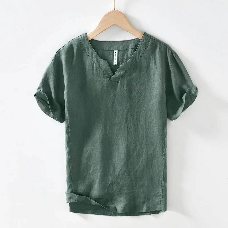 Simple casual linen T-shirt top in khaki, short sleeves, pullover style