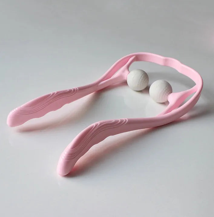 Blue plastic swan-shaped neck massager with hand roller and adjustable stand on a white background