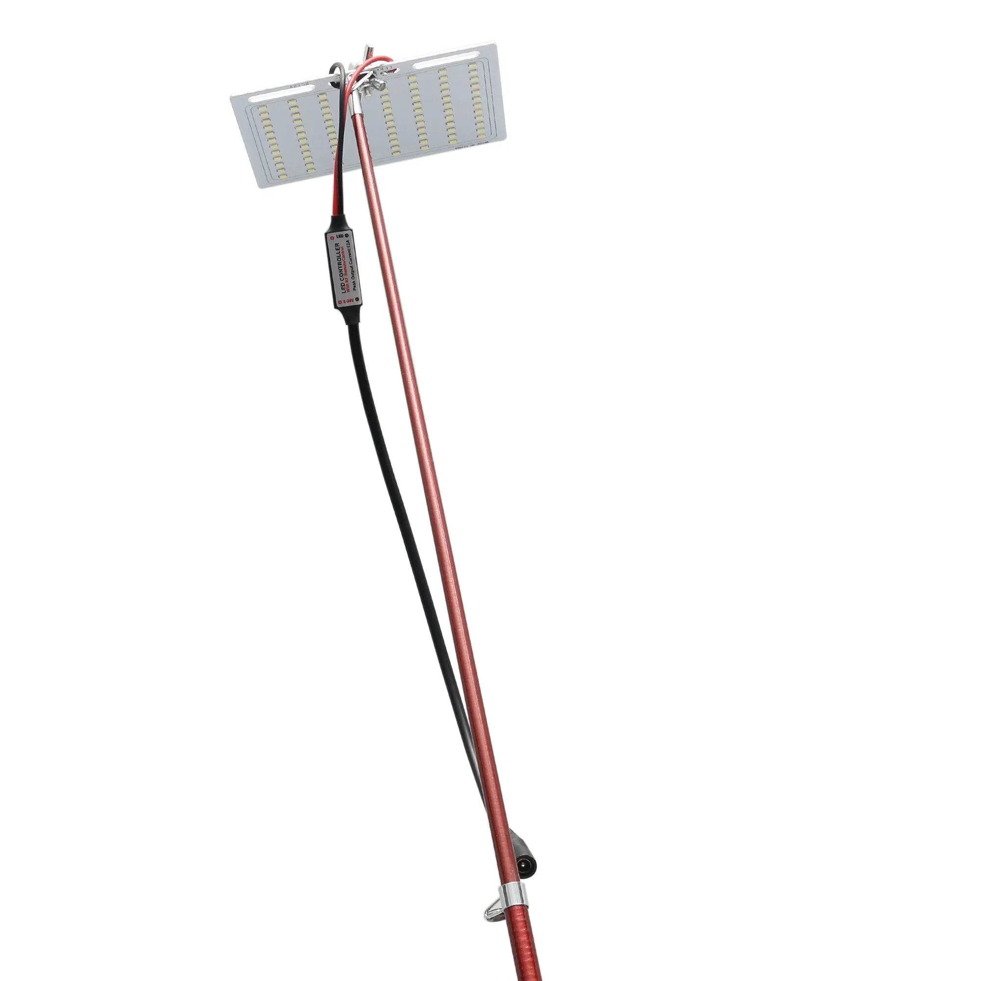 LED fishing rod light with telescopic pole extended, showing remote control and 12V power connection