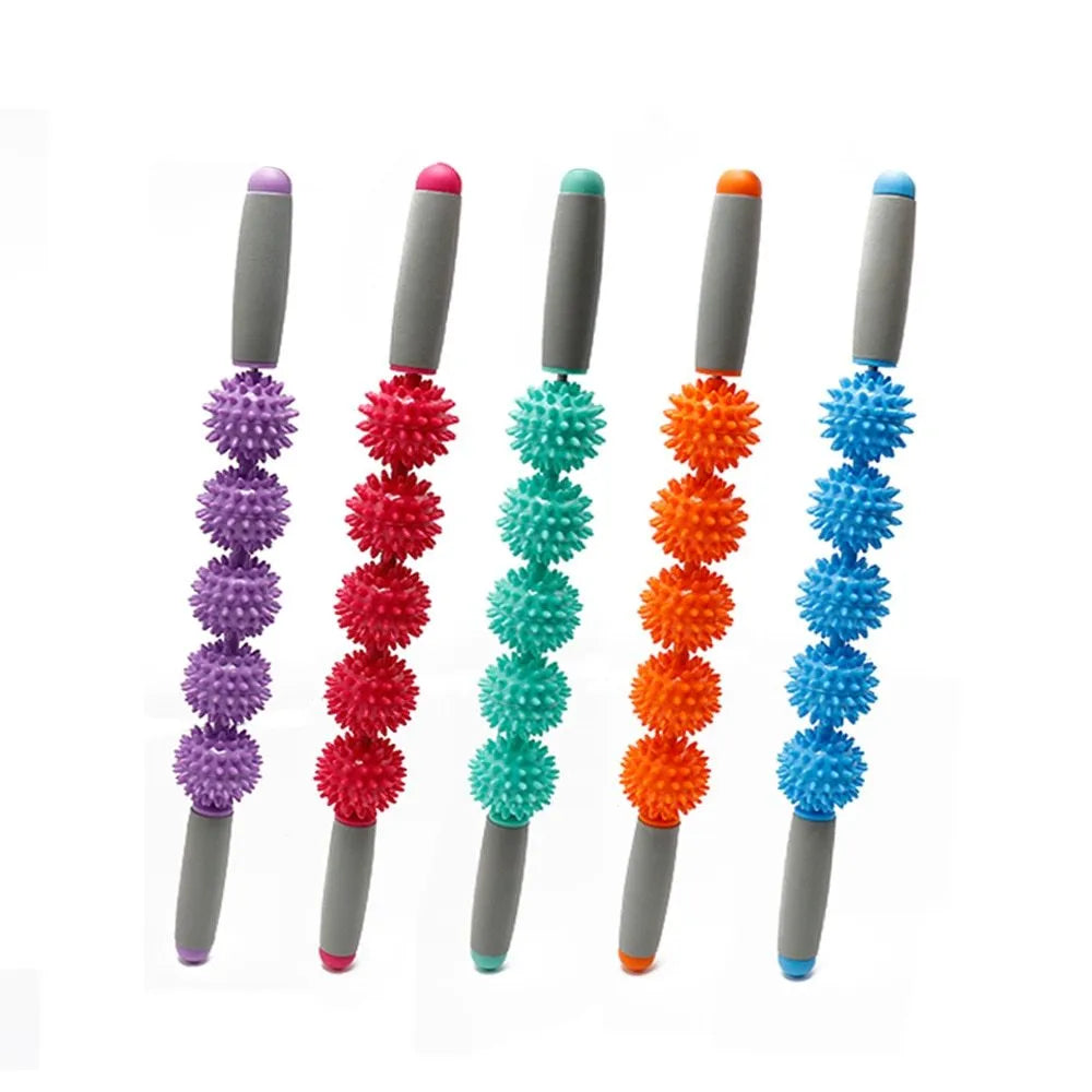 Anti-cellulite massager stick with hedgehog-shaped trigger point balls and ergonomic handle