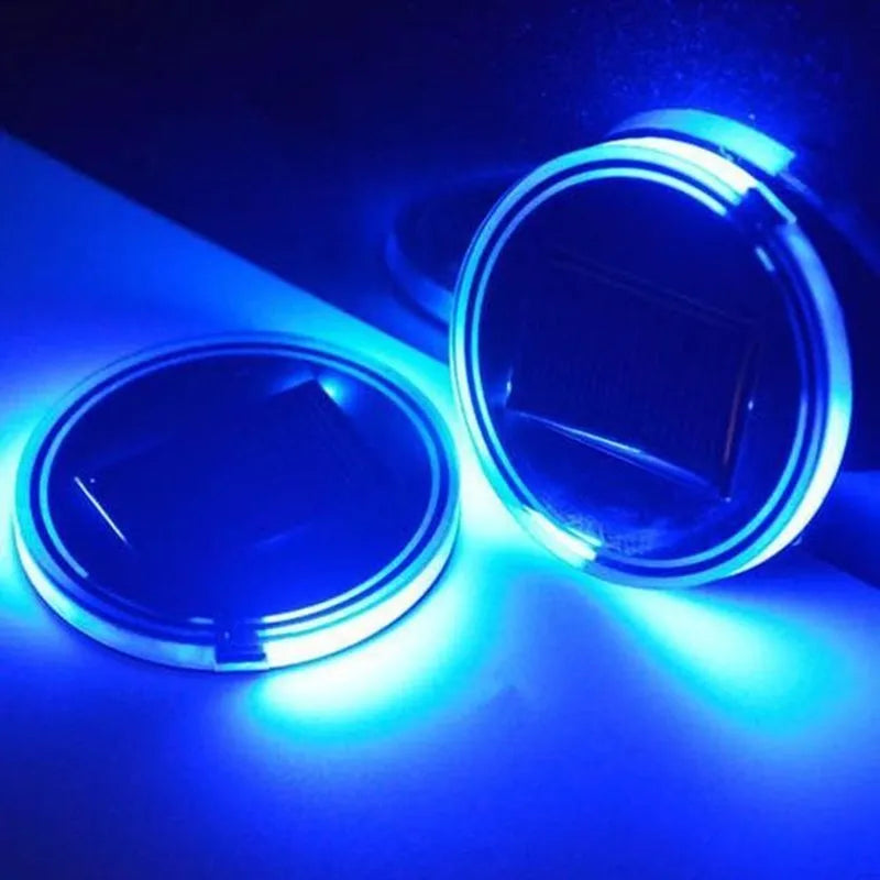 Solar powered LED cup mat with auto glow, BPA-free acrylic, diameter 7.2cm, in blue, green, pink, red options