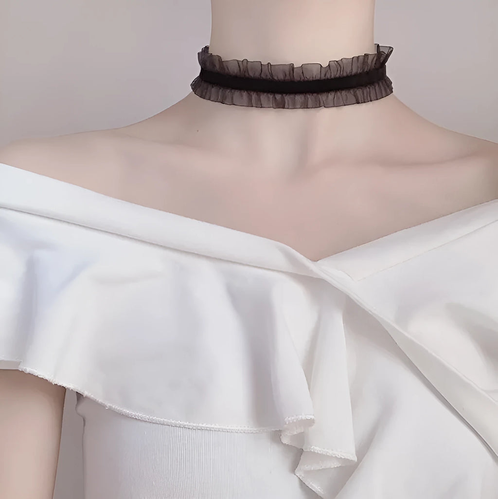 Velvet ruffled floral alloy necklace on a snake bones chain in black, light coffee, or white colour options.