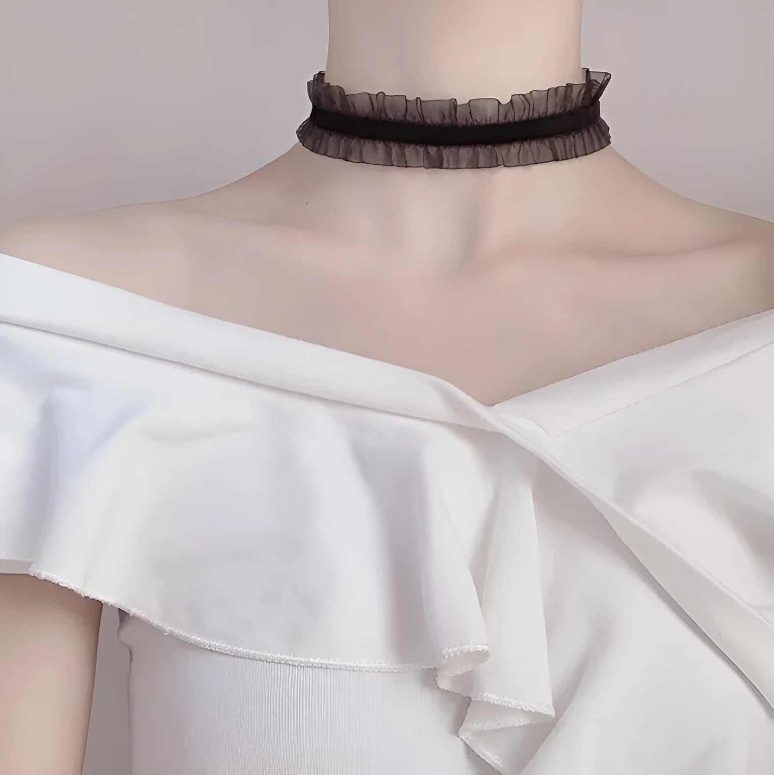 Velvet ruffled floral alloy necklace on a snake bones chain in black, light coffee, or white colour options.