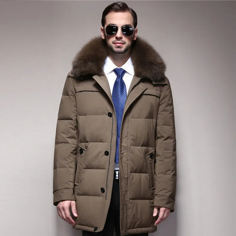 Men's thickened white duck down jacket standing collar no hood zipper front black colour solid pattern winter coat