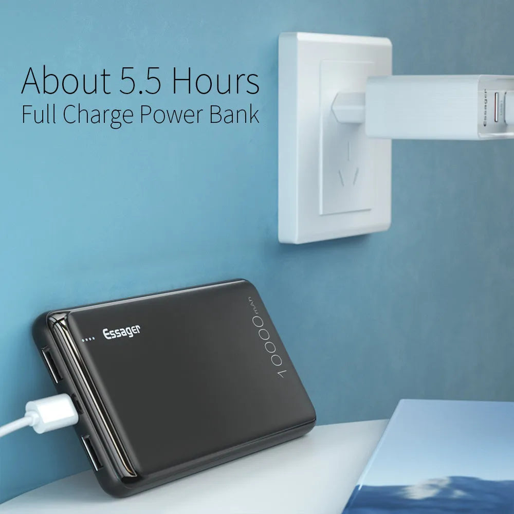Essager Small Jane black or white 10000mAh ultra-lightweight power bank showing dual USB outputs and LED indicators
