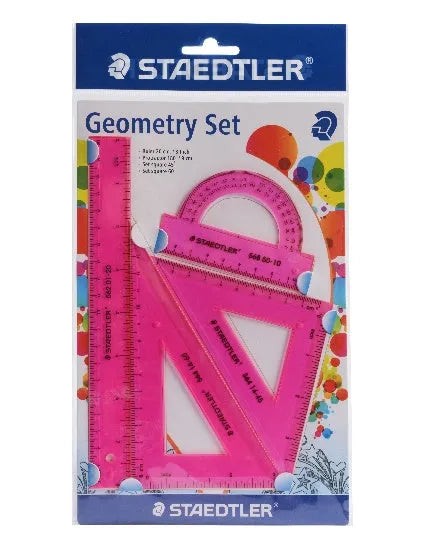 Four-piece plastic student ruler set with 15cm ruler, triangles and protractor in transparent and neon colours
