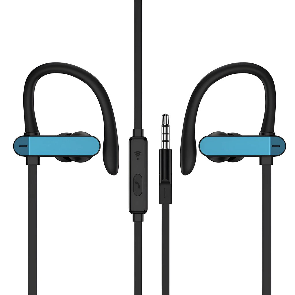 Sport running ear hook earbuds with microphone in black blue colour, showing flexible over-ear hook design.