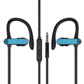 Sport running ear hook earbuds with microphone in black blue colour, showing flexible over-ear hook design.