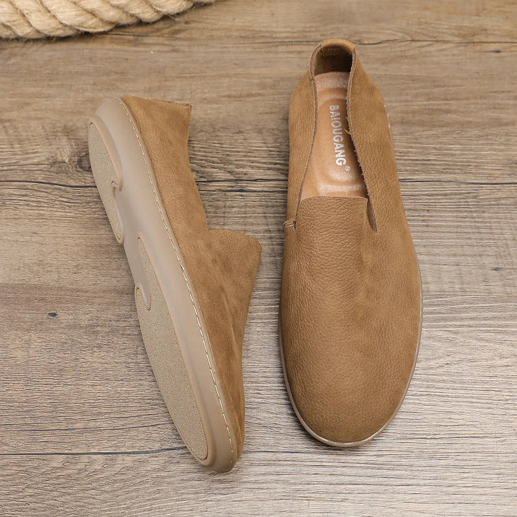 Handmade men's casual shoes in khaki and grey with cowhide upper and rubber wedge sole