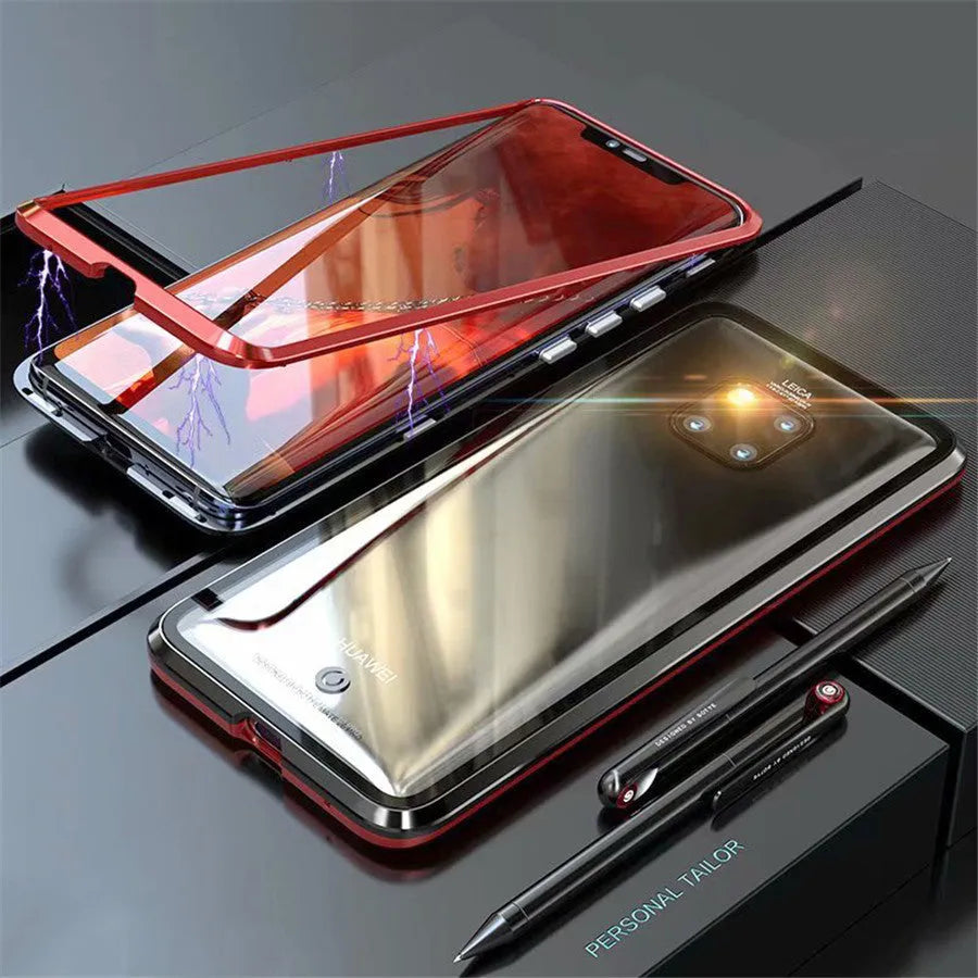 Magnetic Huawei phone case with metal frame and clear tempered glass back