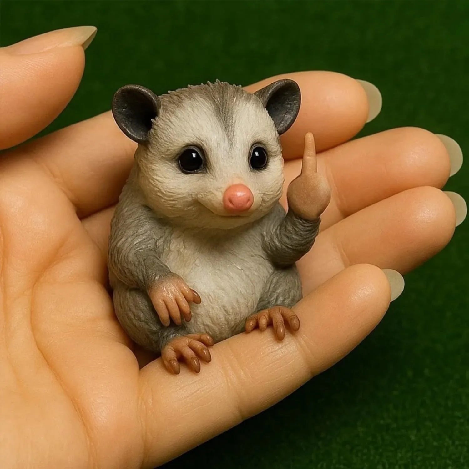 Mini resin animal doll with raised middle finger in dog, cat, elephant, frog, mouse, turtle, or Highland cattle style.