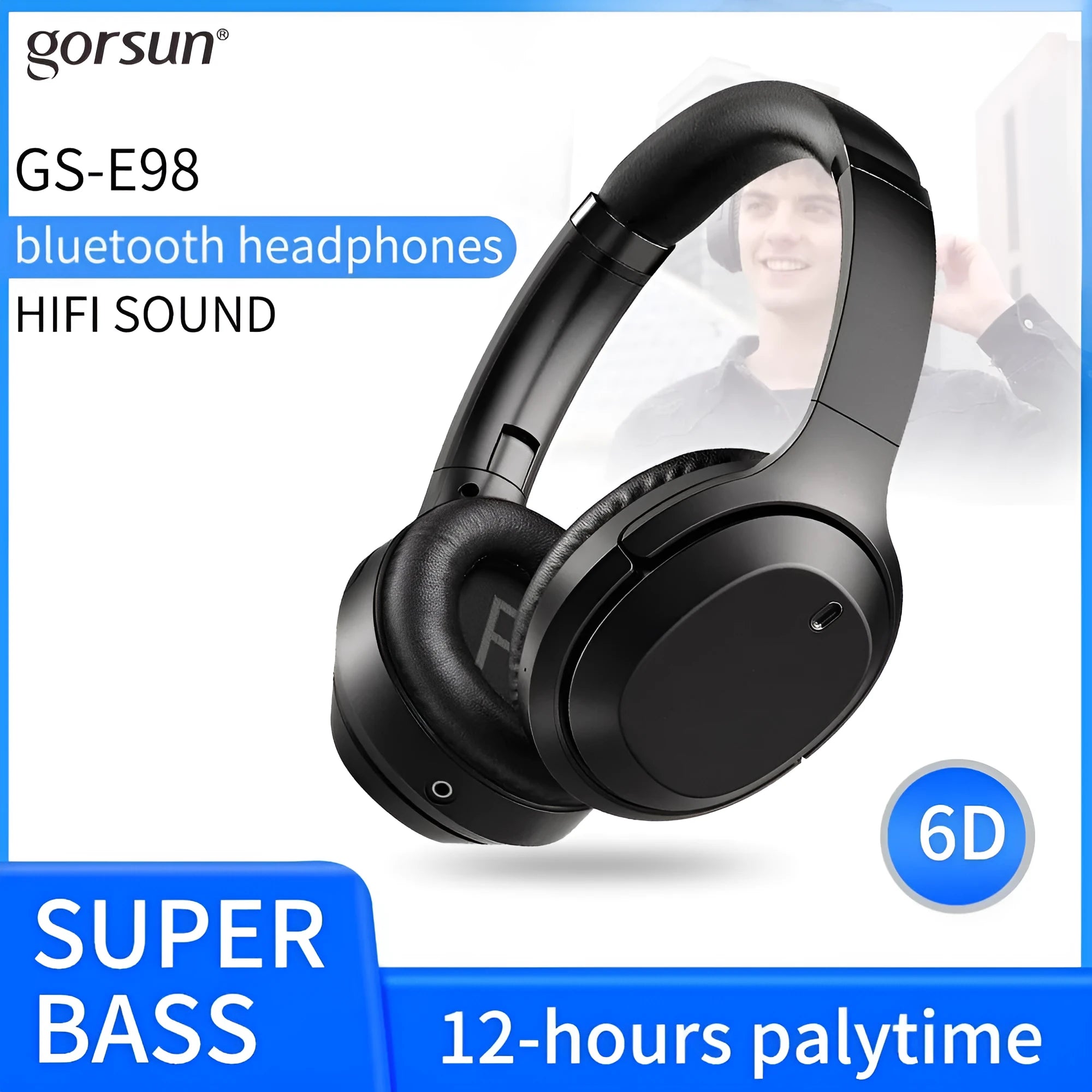 Black over-ear Bluetooth headphones with memory-protein ear cushions and stainless steel headband adjustment