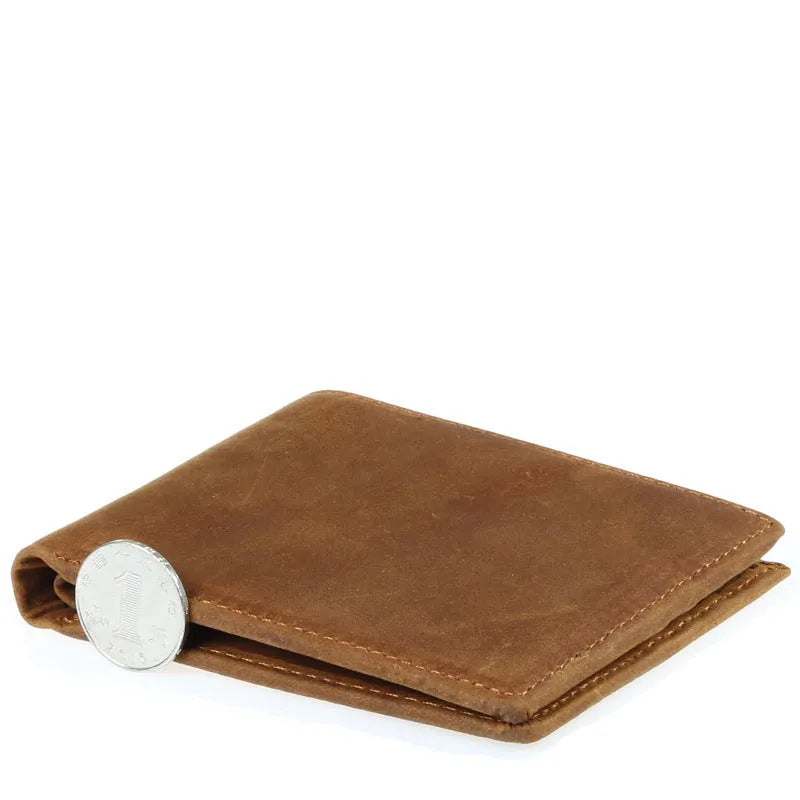 Brown frosted leather short wallet with two-fold design, card slots, and hidden compartment on black background