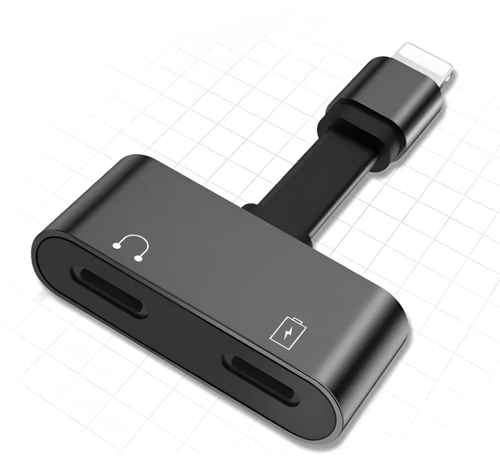 Black 2 in 1 Lightning adapter with aluminium alloy shell and TPE cable, compact size 20x9.3x5.3mm