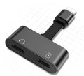Black 2 in 1 Lightning adapter with aluminium alloy shell and TPE cable, compact size 20x9.3x5.3mm