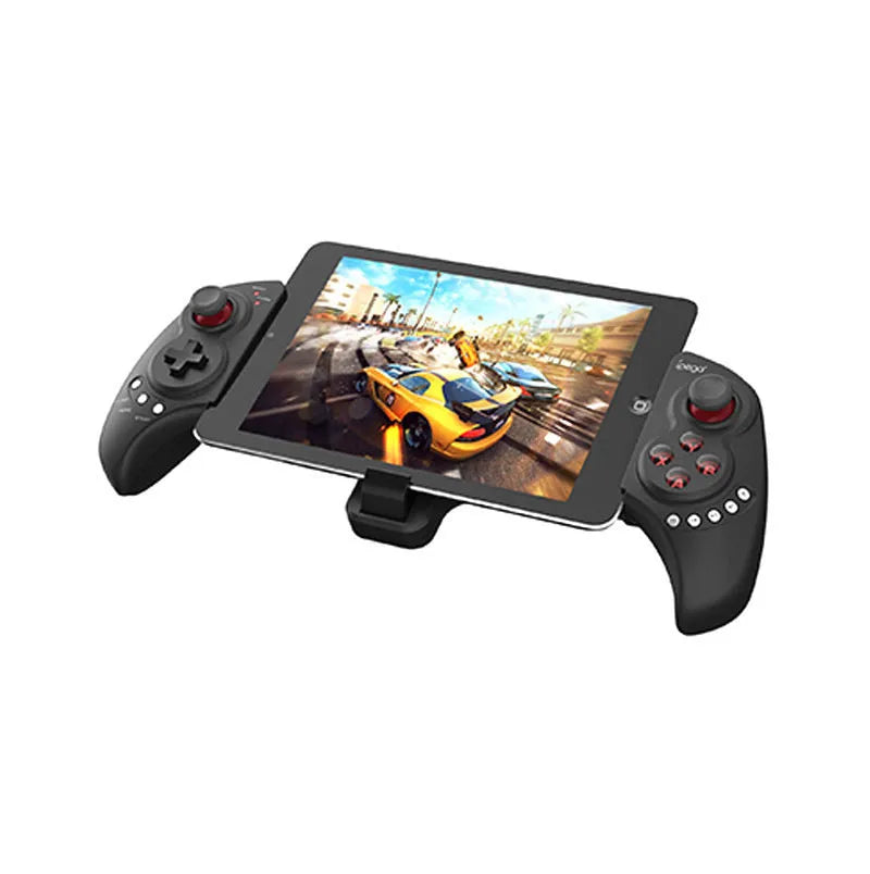 PG-9023 wireless telescopic game controller extended with phone in holder, showing thumbsticks and buttons