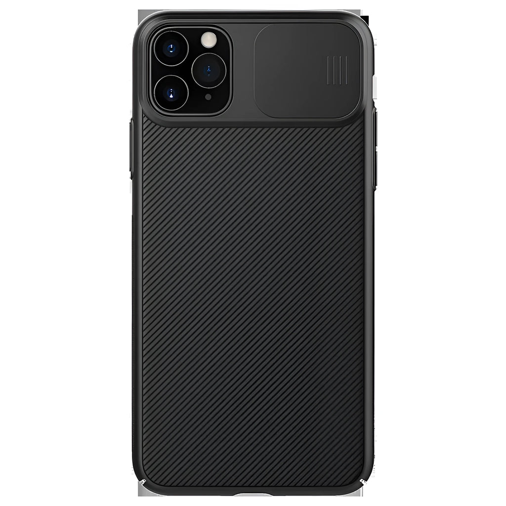Solid colour PC phone case with lens protector for iPhone 11 Pro, black finish on rear view
