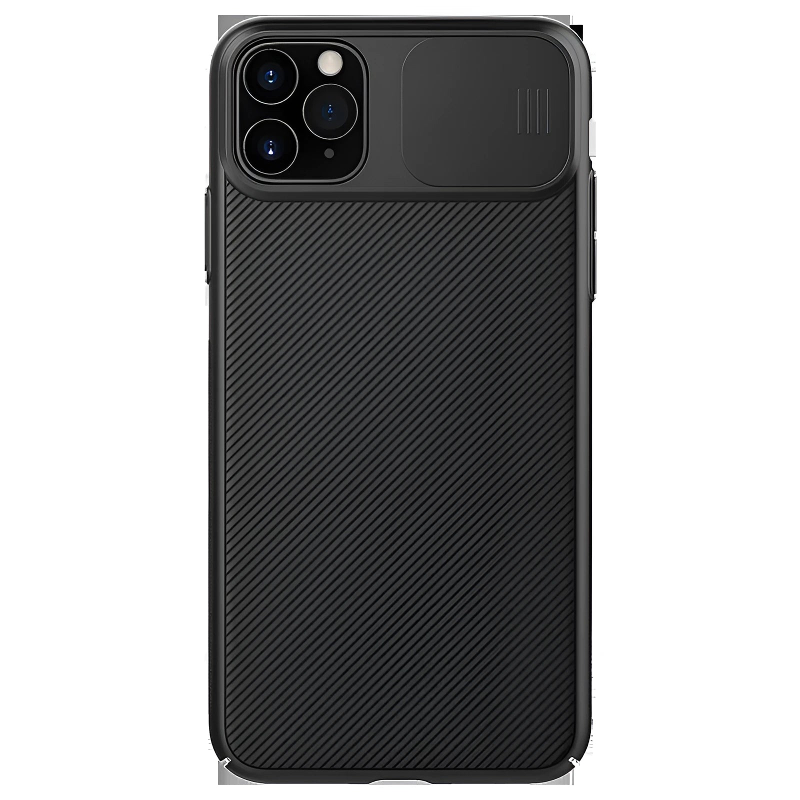 Solid colour PC phone case with lens protector for iPhone 11 Pro, black finish on rear view
