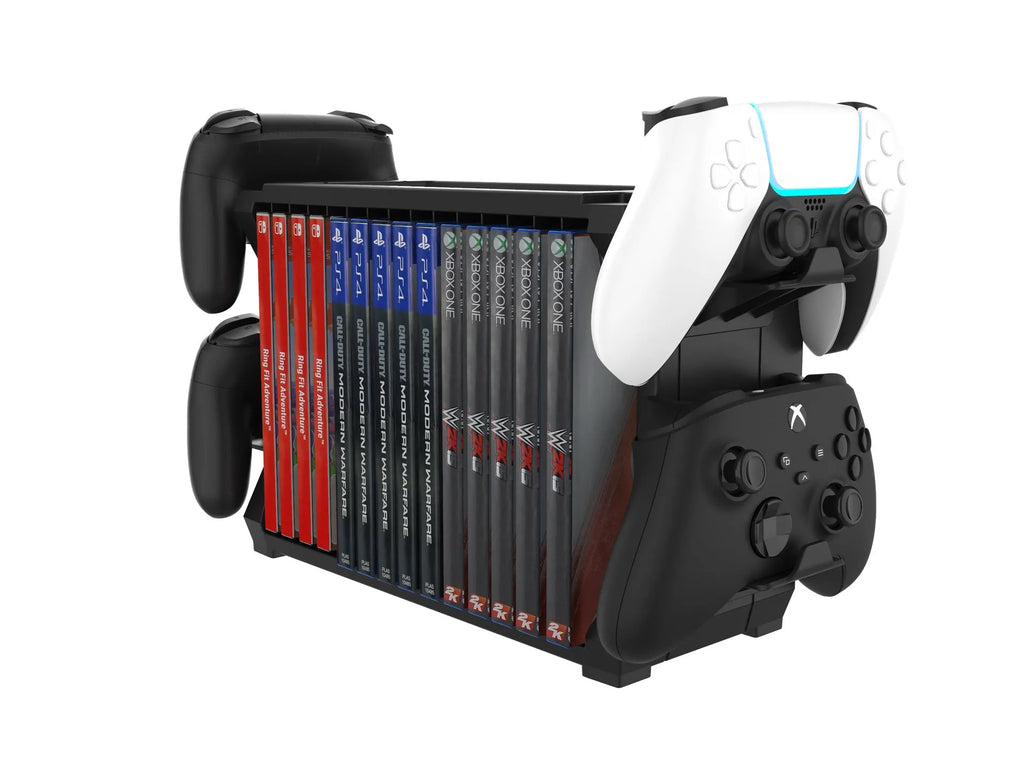 Black PS5 and Xbox Series X disc holder with controller stand organising multiple game discs