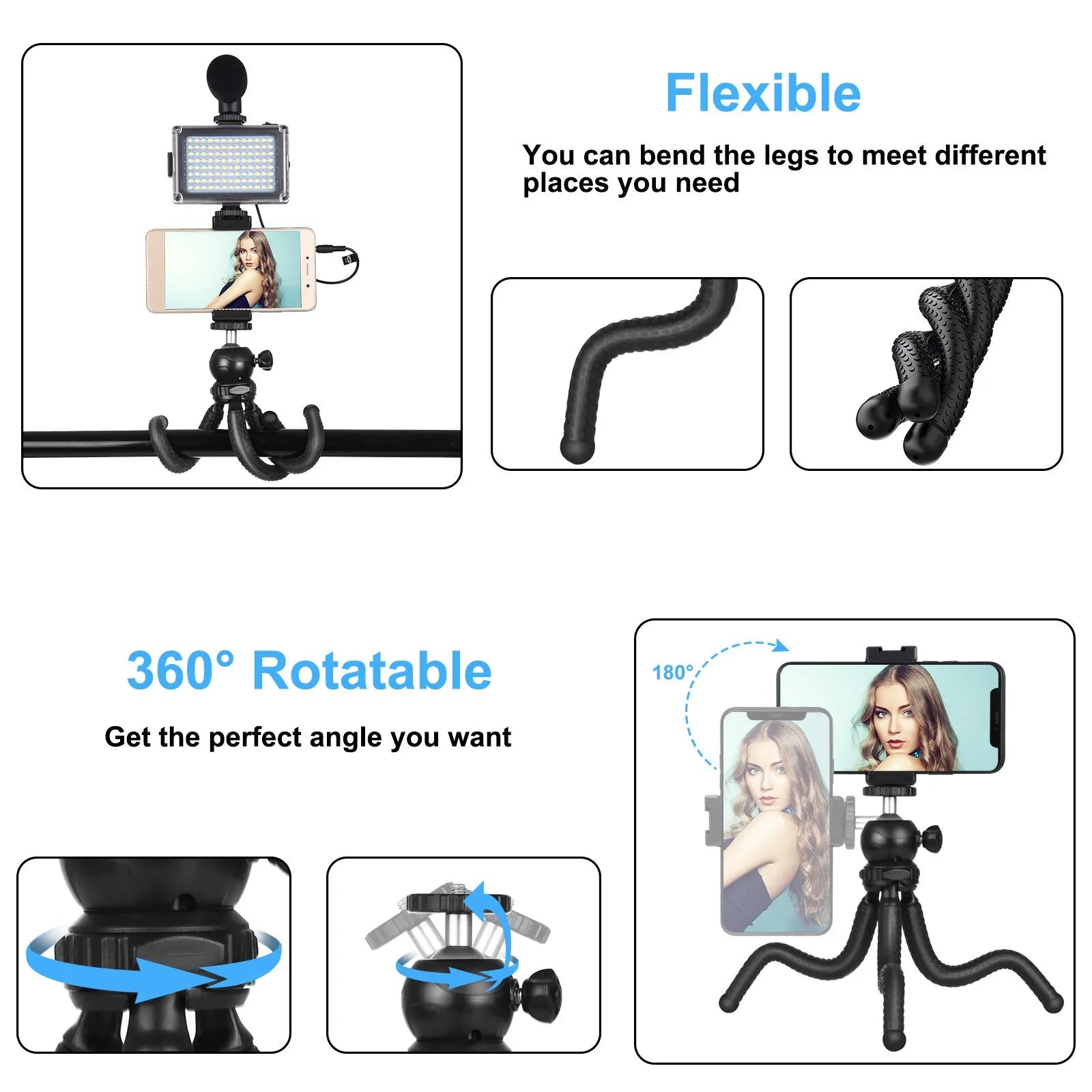 Black octopus tripod with flexible legs and a fill light microphone, shown mounted on a post.