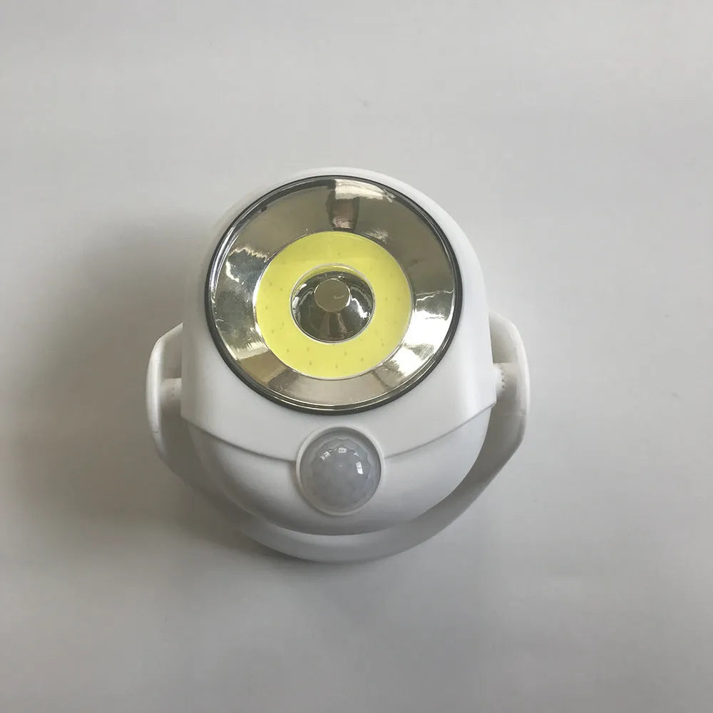 White Atomic Angel induction light with ABS plastic housing measuring 13.3cm wide