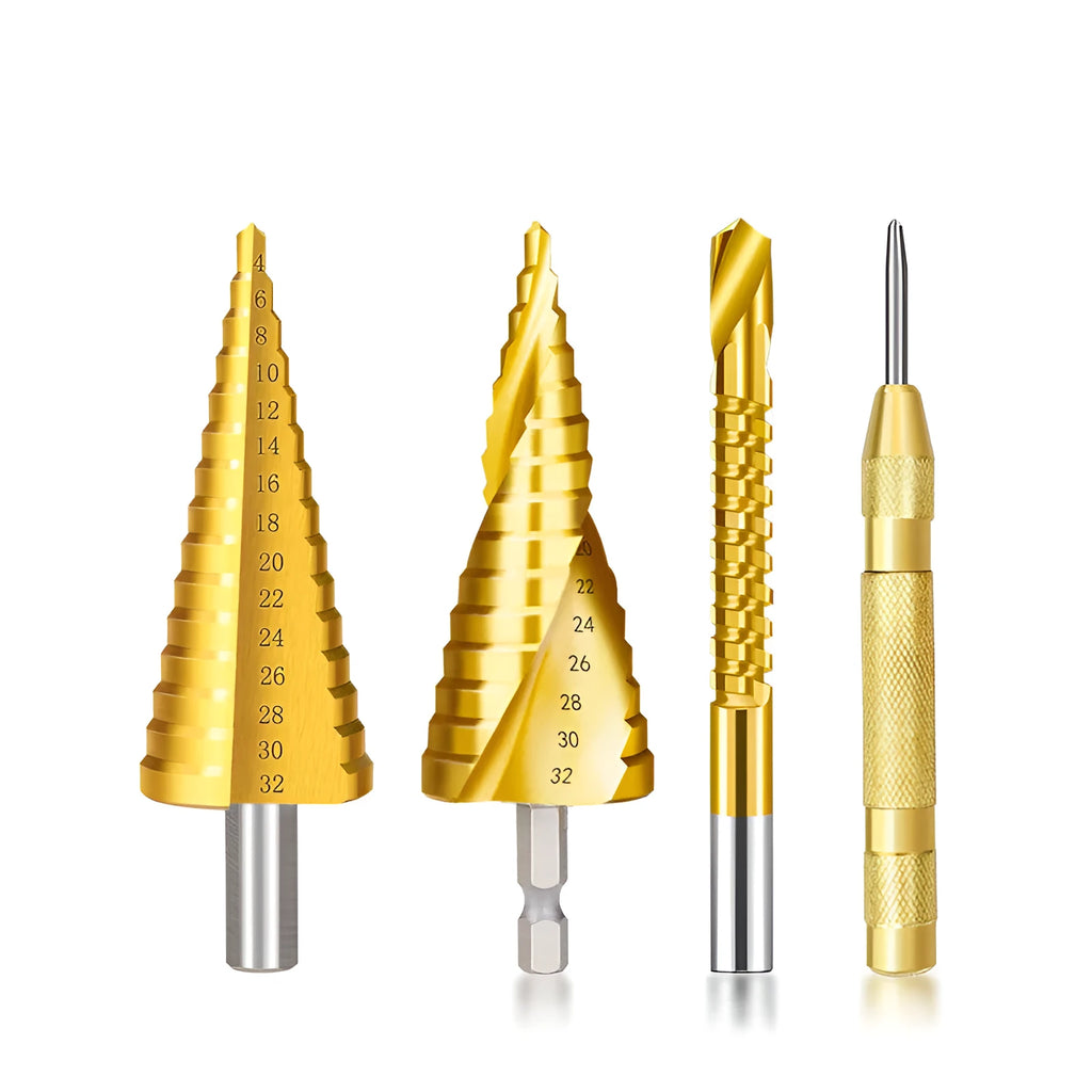 Step drill bit and centre punch set in high speed steel with colour-coded options for metalworking
